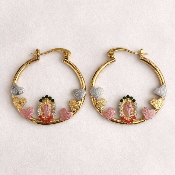 Jewelry - 14K Gold Virgin Mary Hoop Earrings with Pink & Multicolor Heart Accents